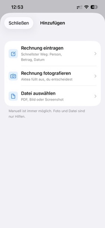 Rechnung hinzufügen – Eintragen, Foto, Datei