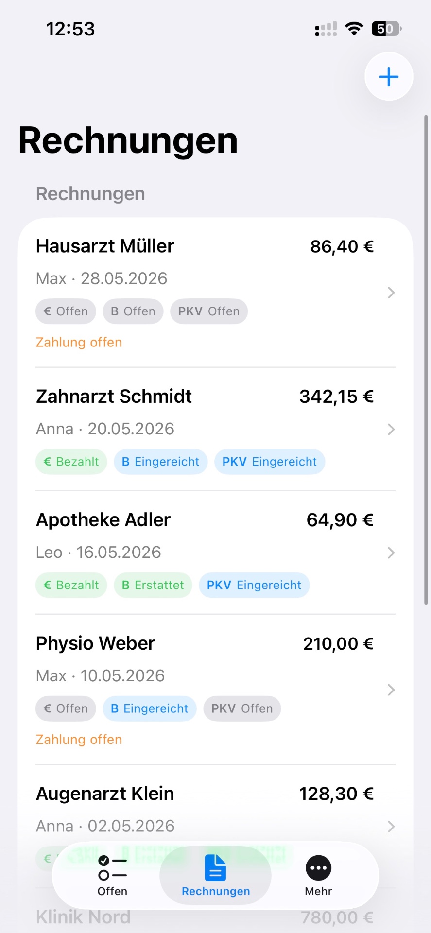 Aktea Rechnungsliste auf dem iPhone