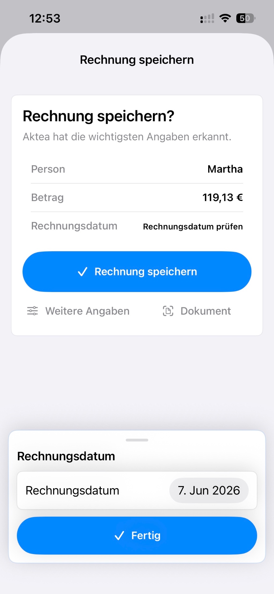 Rechnung speichern mit erkannten Angaben