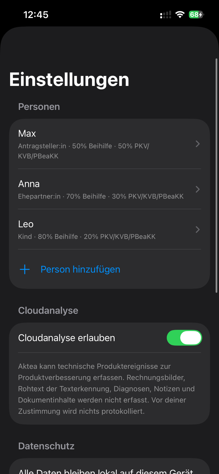 Einstellungen mit Personen im Haushalt